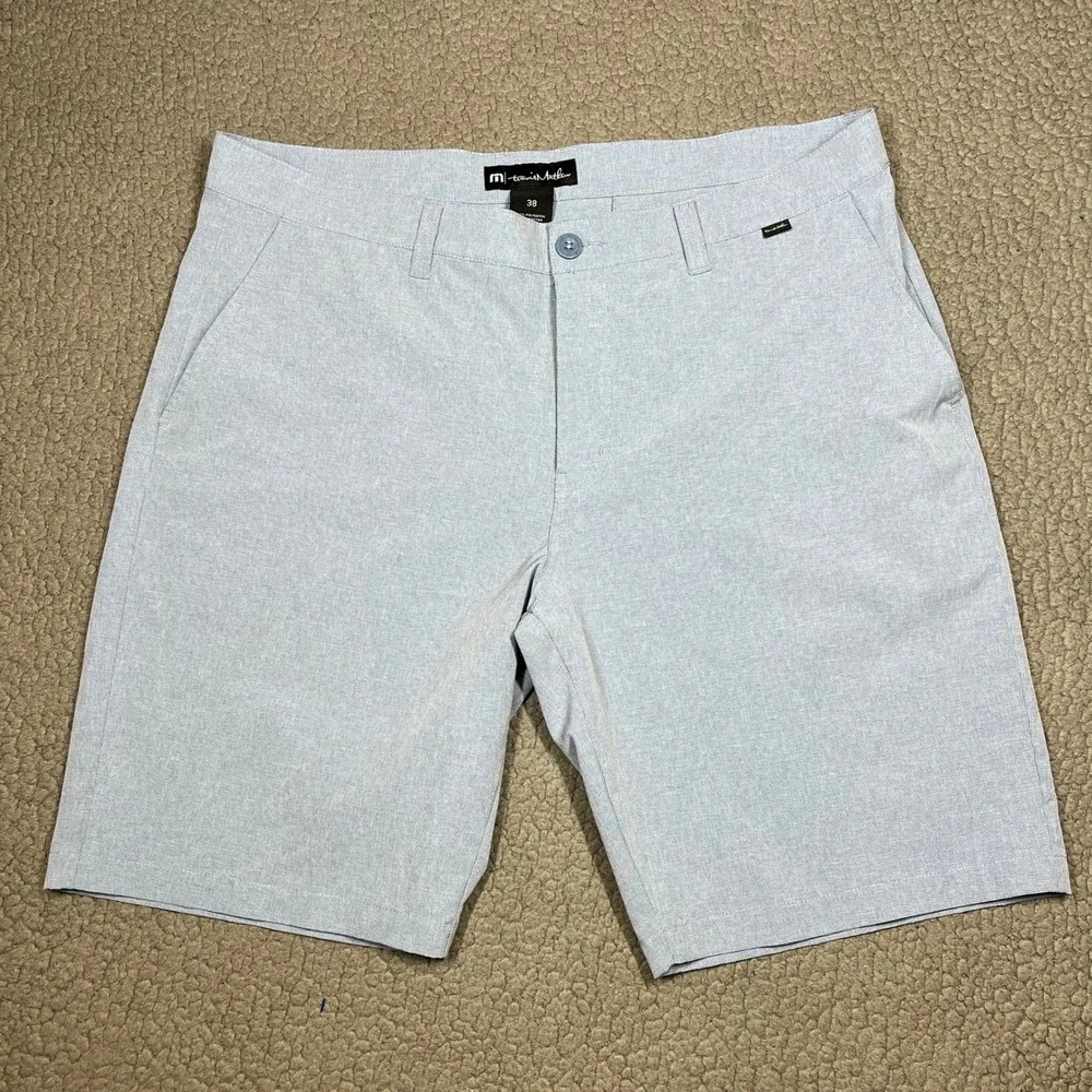 Travis Mathew Mens Beck Golf Shorts Light Blue Heathered Size 38 Stretch Casual